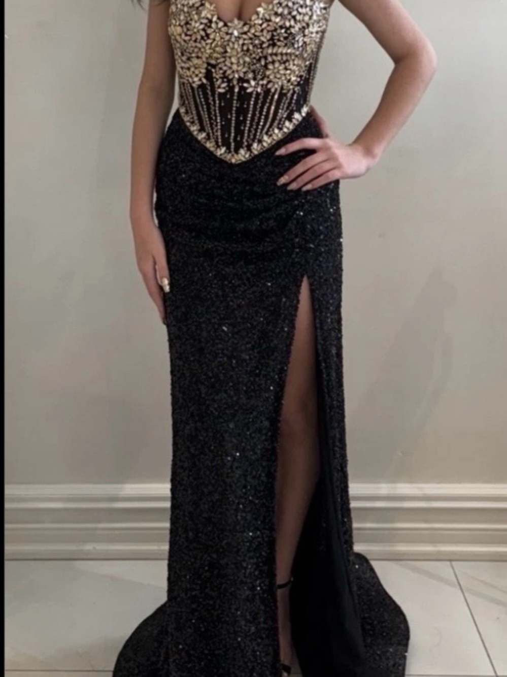 Scarlett Black Glitter Embellished Prom Gown with High Slit